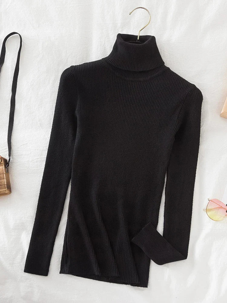 Korean Fashion Turtleneck Women Autumn Winter Pullover Sweater Basic Solid Casual Slim Stretch Ribbed Knitted Top Woman Sweaters-Dollar Bargains Online Shopping Australia