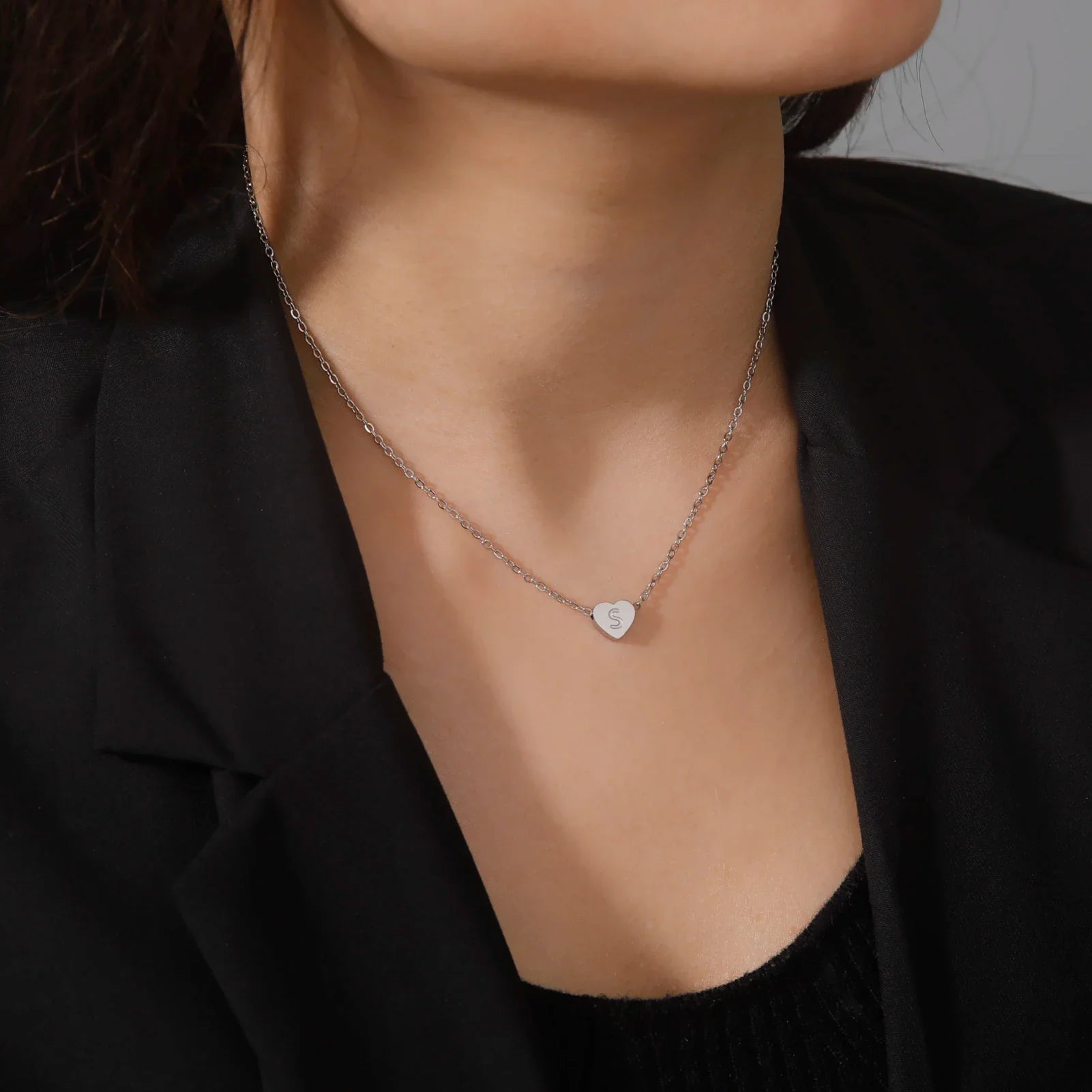 Stainless Steel Initial Letter Heart Pendant Necklaces for Women Choker Chain Jewelry Birthday Mother's Day