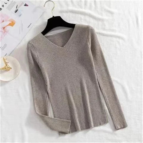 Women Sweater Long Sleeve Pullover Basic Top Fashion V-neck Elastic Female Winter Solid Knitted Jumper-Dollar Bargains Online Shopping Australia