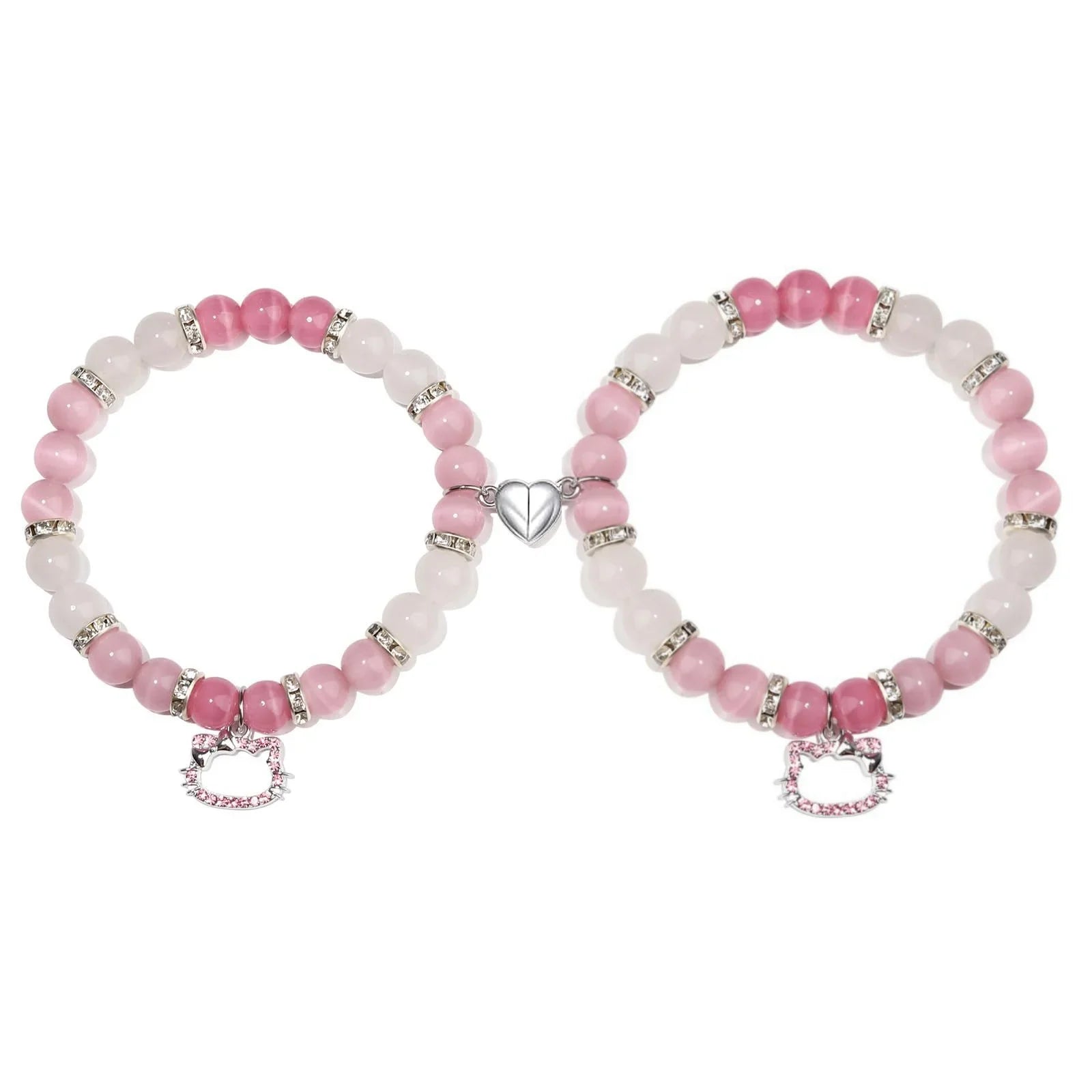 2Pcs/Set Pink Color Hello Cat Beaded Bracelets for Women Heart Magnetic Matching Couple Bracelets Girls Festival Jewelry Gifts-Dollar Bargains Online Shopping Australia