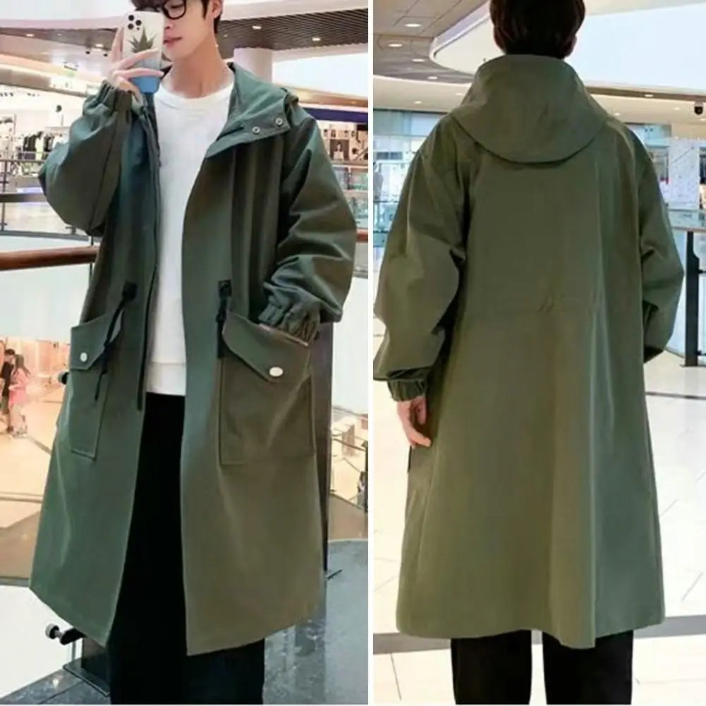 Men Trench Coat Loose Mid Length Big Pockets Hooded Jacket Windproof Zipper Closure Elastic Cuff Male Coat Men's Clothing