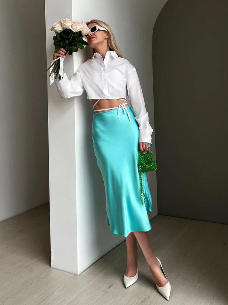 Satin Silk Skirt Women High Waisted Summer Long Skirt Ladies Office Skirts Midi Spring