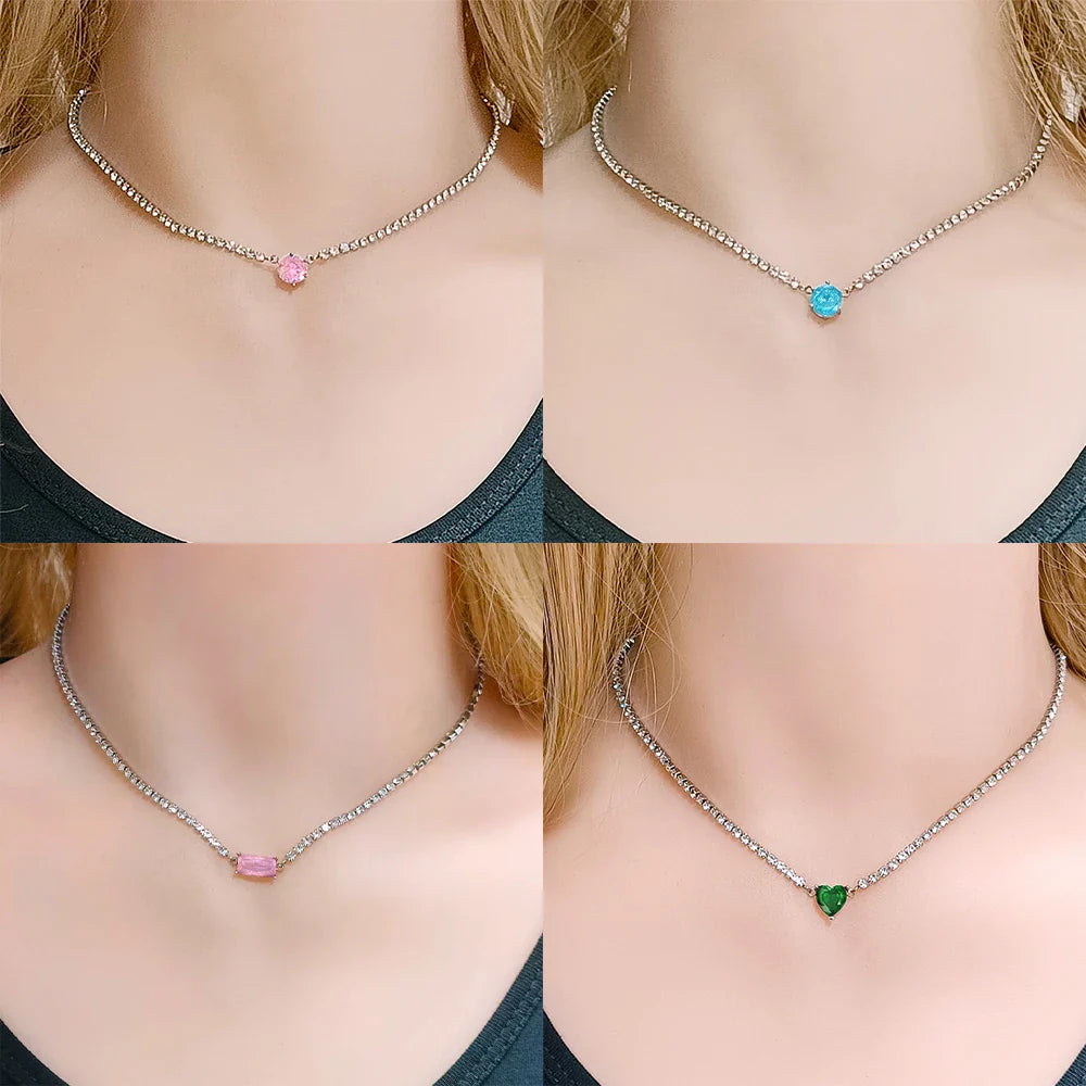 Necklace Tennis Chain Hip Hop Square Pendant Necklace Star Heart Zircon Choker Necklaces For Women Jewelry