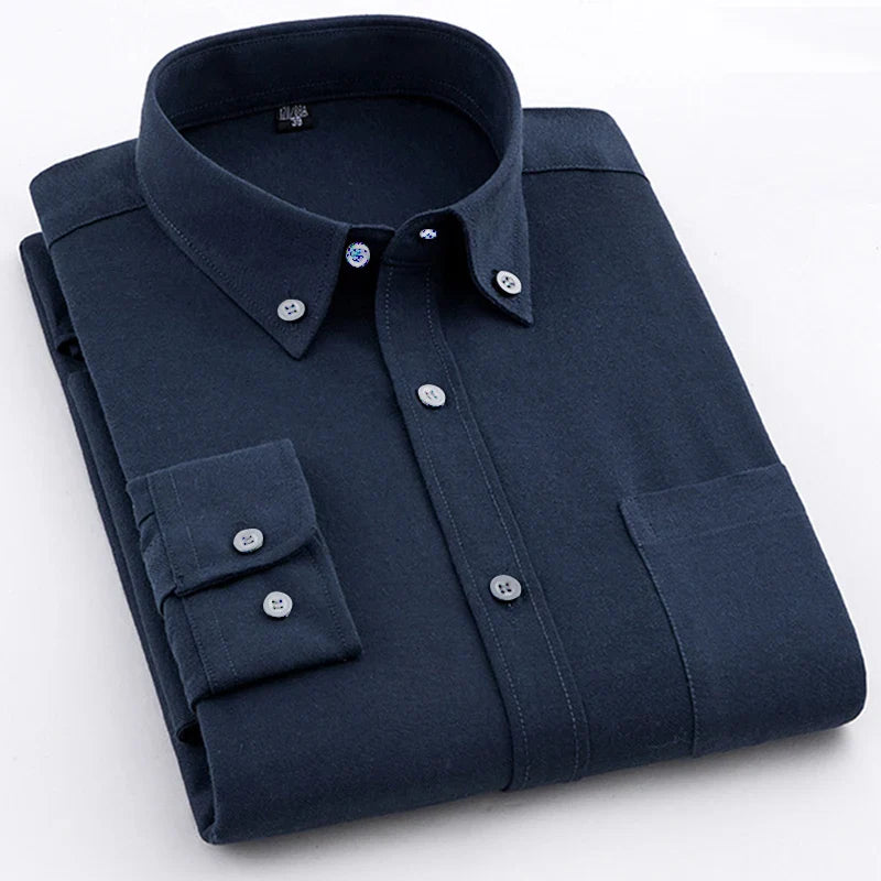 Men's Shirt Oxford Cotton Fabric Shirt Long Sleeve Solid Color Polo Neck Shirt Business Casual Fit Top