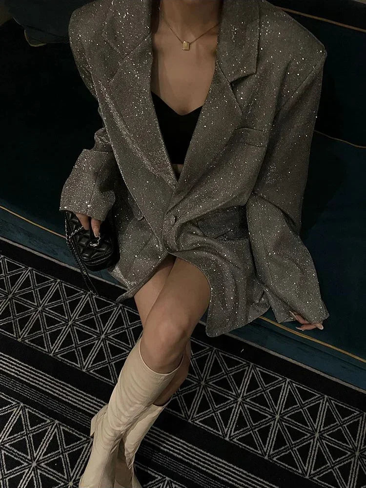 Sequin Glitter Lapel Suit Outwear For Women Luxury Long Sleeve Fashion Pocket Elegant Sparkle Coat Women's Suit Outwear-Dollar Bargains Online Shopping Australia