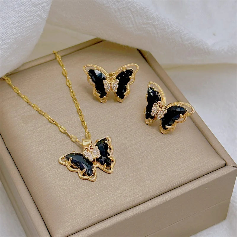 Micro-inlaid Butterfly Necklace Earrings Set Classic Light Luxury Transparent Stainless Steel-Dollar Bargains Online Shopping Australia