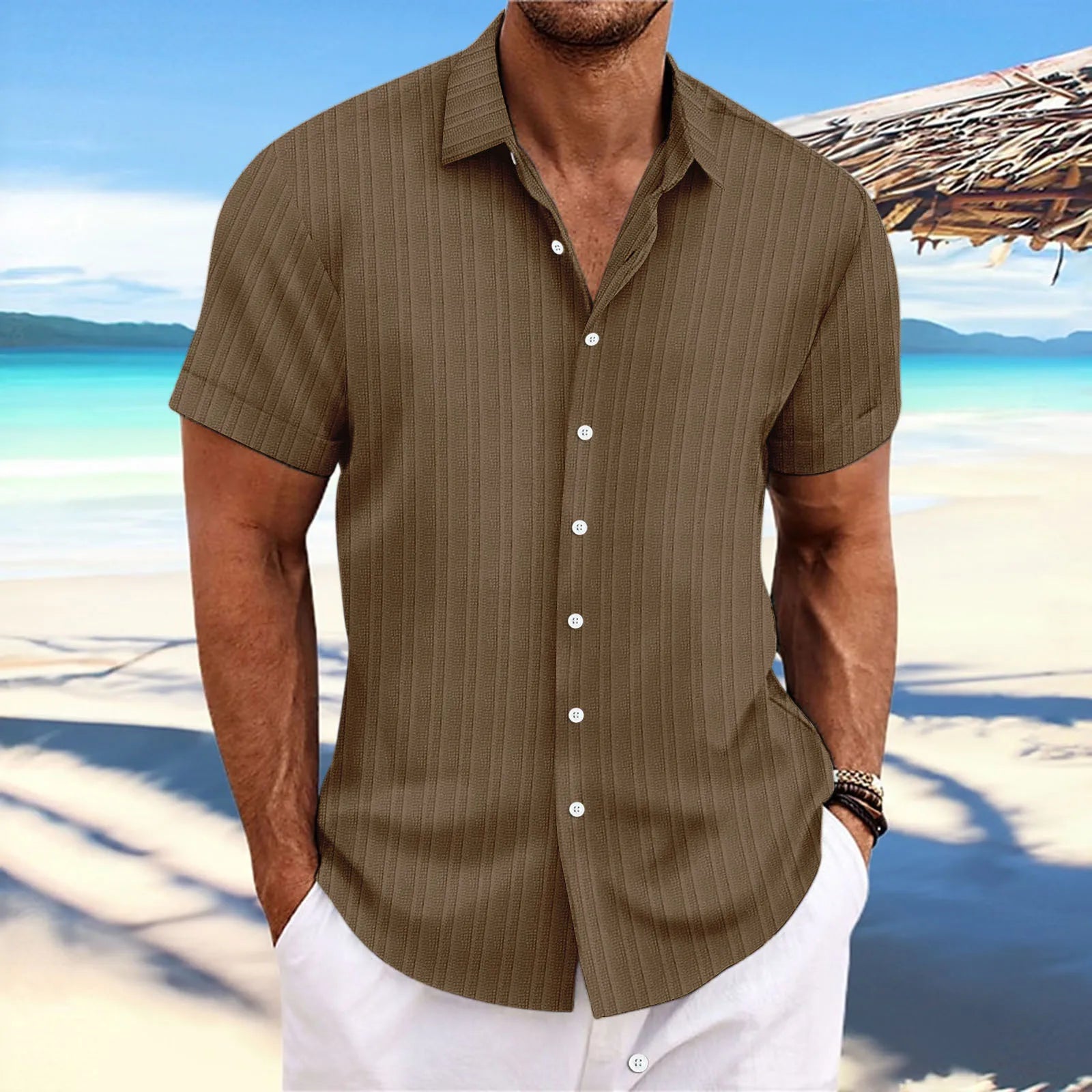 men's striped jacquard casual fashion comfortable loose short sleeve Hawaiian shirt-Dollar Bargains Online Shopping Australia