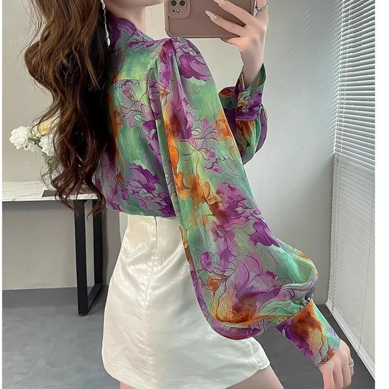 Women's Printed Button Polo-Neck Versatile Fashion Loose Appear Thin Commuter Lantern Sleeve Chiffon Shirt Top-Dollar Bargains Online Shopping Australia
