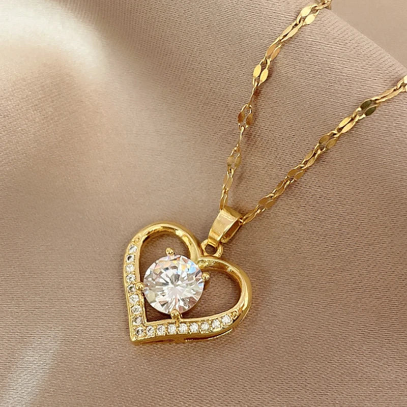 Gems Heart Pendant Necklace Golden Stainless Steel Lips Neck Chain Female Necklaces Jewelry for Girl-Dollar Bargains Online Shopping Australia