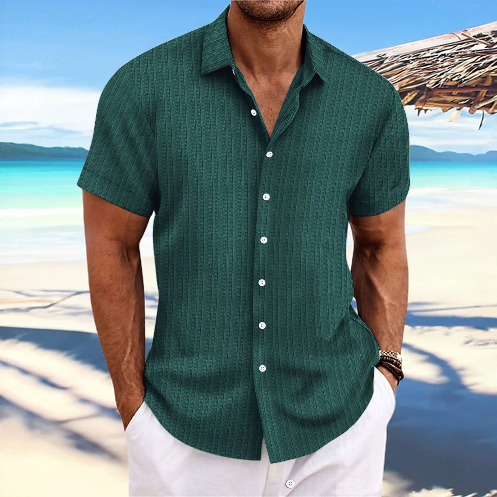 men's striped jacquard casual fashion comfortable loose short sleeve Hawaiian shirt-Dollar Bargains Online Shopping Australia