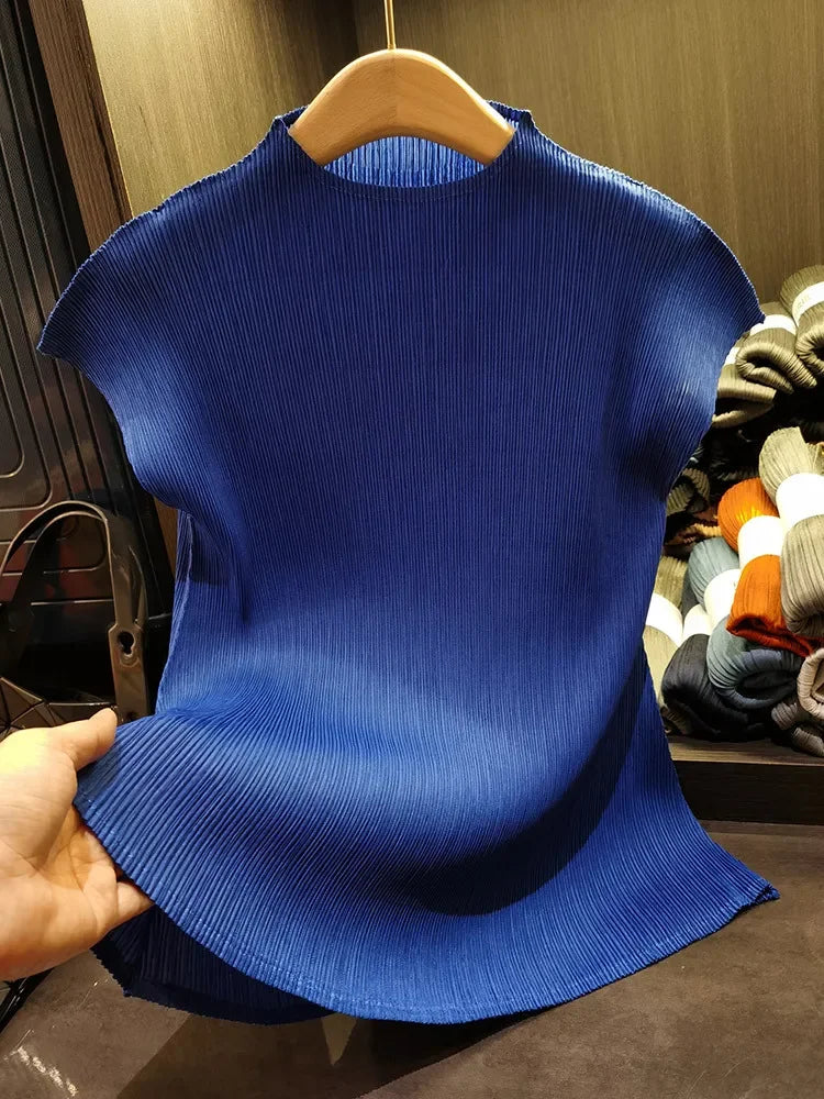 Versatile Classic Simple Solid Color Stand Up Collar Pleated Top Women Slim Slim Short Sleeve Miyake T-shirt Summer-Dollar Bargains Online Shopping Australia