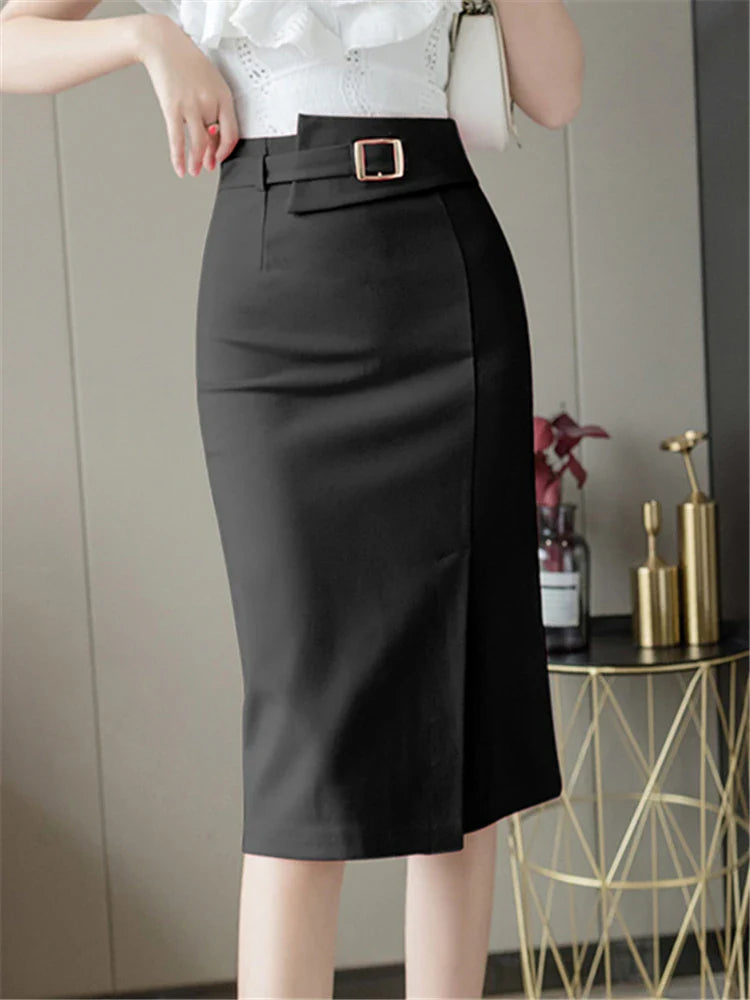 Buttons Women's Wrap Midi Skirts High Waist Workwear Front Split Sheath Pencil Skirts Female