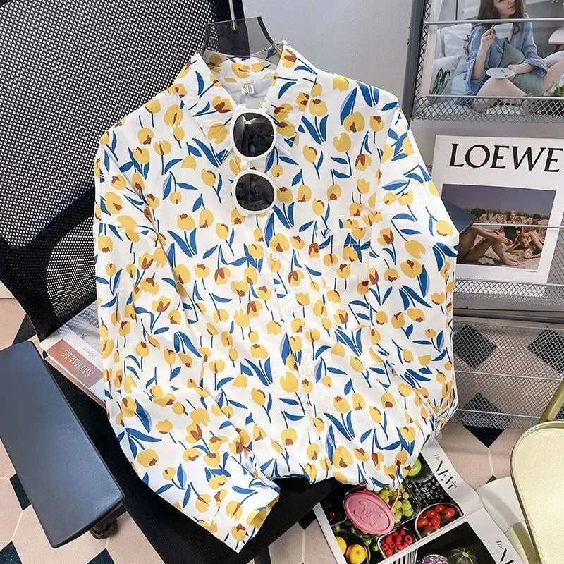 Vintage Printing Long Sleeve Shirts Women Y2K Spring Summer Chiffon Loose Casual Button Top Bf Korean Chic All-Match