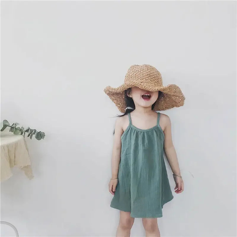 Summer Cute Girls Muslin Slip Dress Princess Kids Sleeveless Linen Cotton Baby Girls Clothing for Beach Girls Costumes