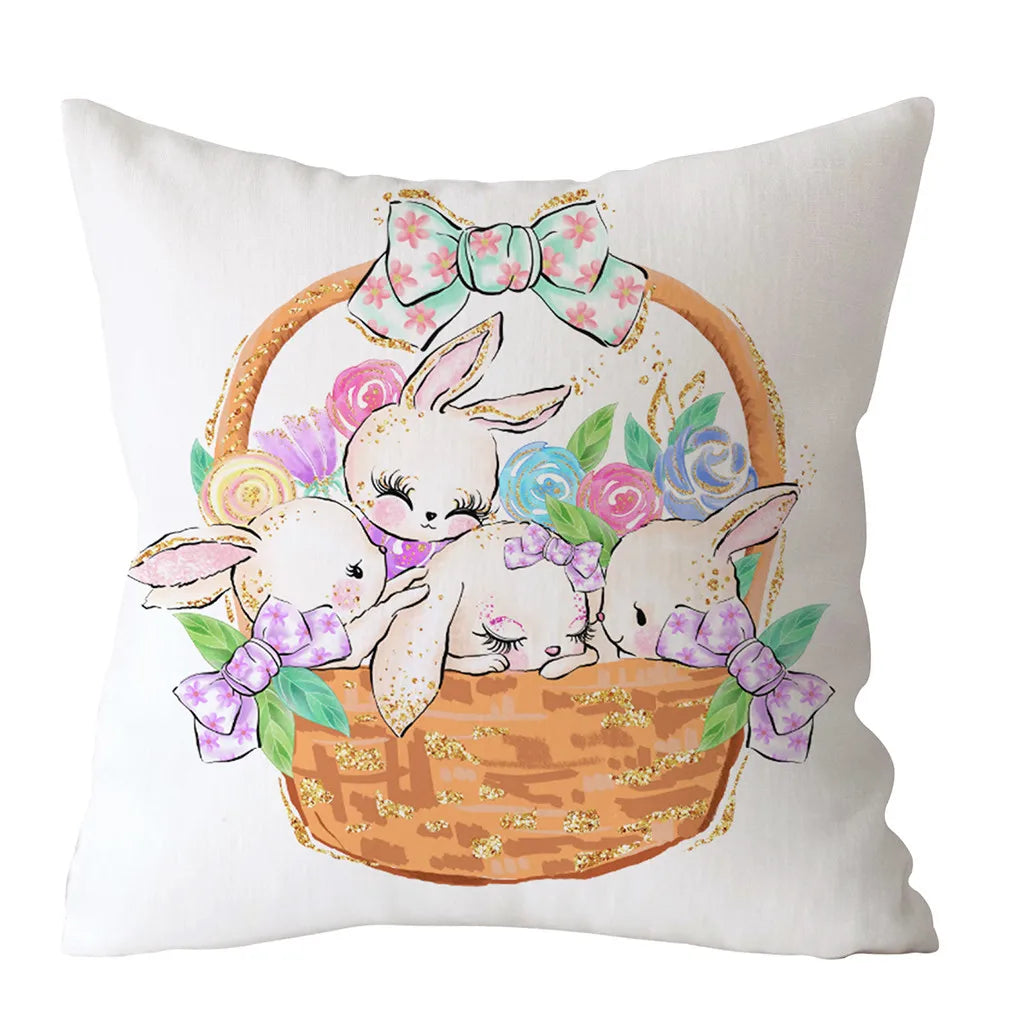 Spring Easter Home Decoration Cushion Cover Square Pillow Case Cartoon Rabbit  Egg Print