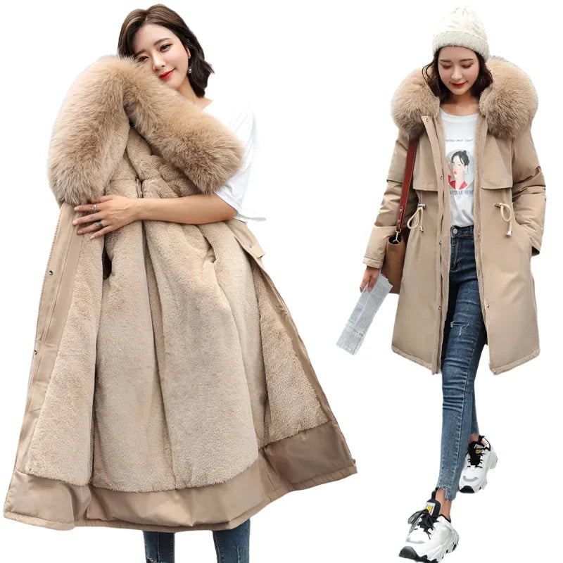 Women Parka Clothes Long Coat Wool Liner Hooded Jacket Fur Collar Thick Warm Snow Wear Fashion Parka