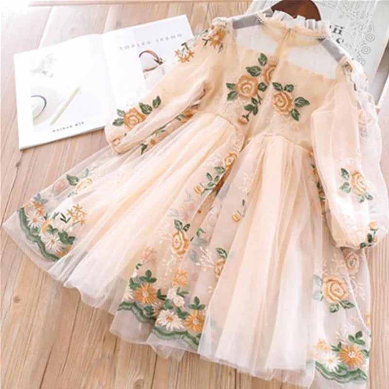 Little Girls Autumn Full Sleeves Dress for Children Party Kids Casual Dress Pink Floral Embroidery Dresses Princess Wear