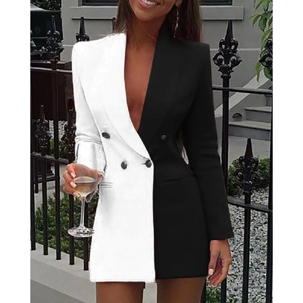 Women Blazer Elegant Office Lady Suit Thin Spring V-neck Female Long Sleeve New Patchwork Slim OL Double Breasted Dress Coat-Dollar Bargains Online Shopping Australia