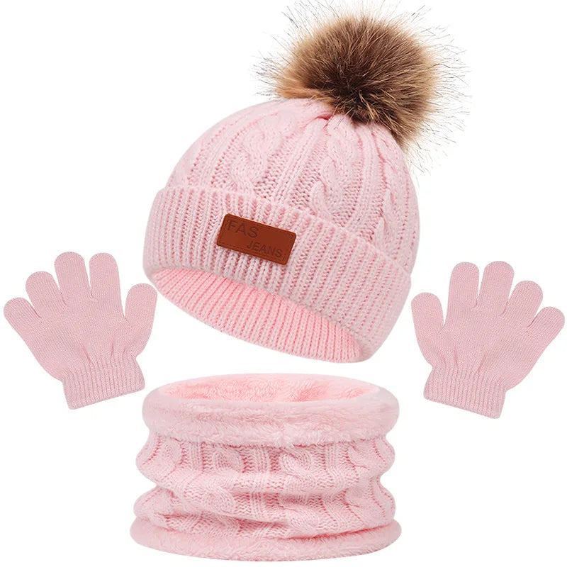 Children Winter Warm Suits Knitted Hat Scarf and Gloves Set For Girls Boy Pompoms Baby Beanies Cap Christmas Gifts For Kids 1-5y-Dollar Bargains Online Shopping Australia