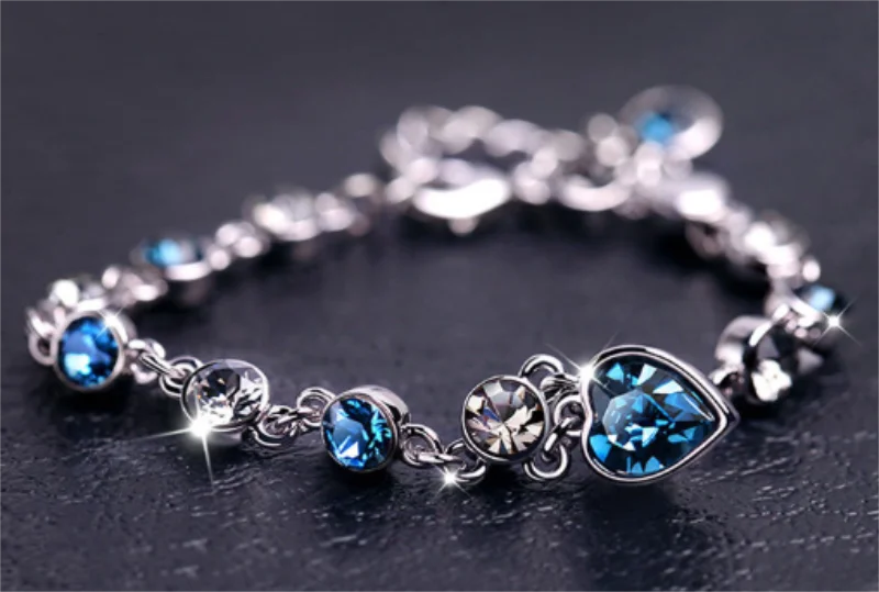 Luxury Ocean Heart Blue Crystal Bracelet for Women Blue Cubic Zirconia Love Charm Bangles Anniversary Valentines Day GiftJewelry-Dollar Bargains Online Shopping Australia