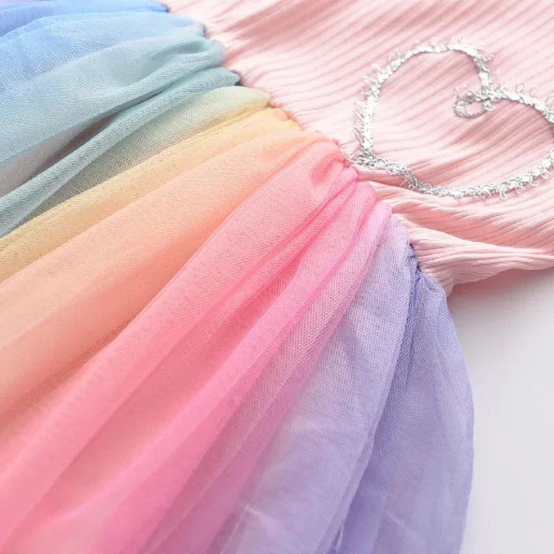 Flying Sleeve Girls Colorful Dress Summer Kids Rainbow Mesh Party Dresses Children Clothing Outfits