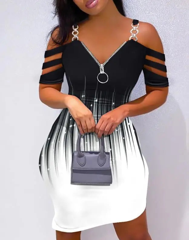 Colorblock Cold Shoulder Bodycon Skinny Mini Dress Elegant Dresses for Women-Dollar Bargains Online Shopping Australia