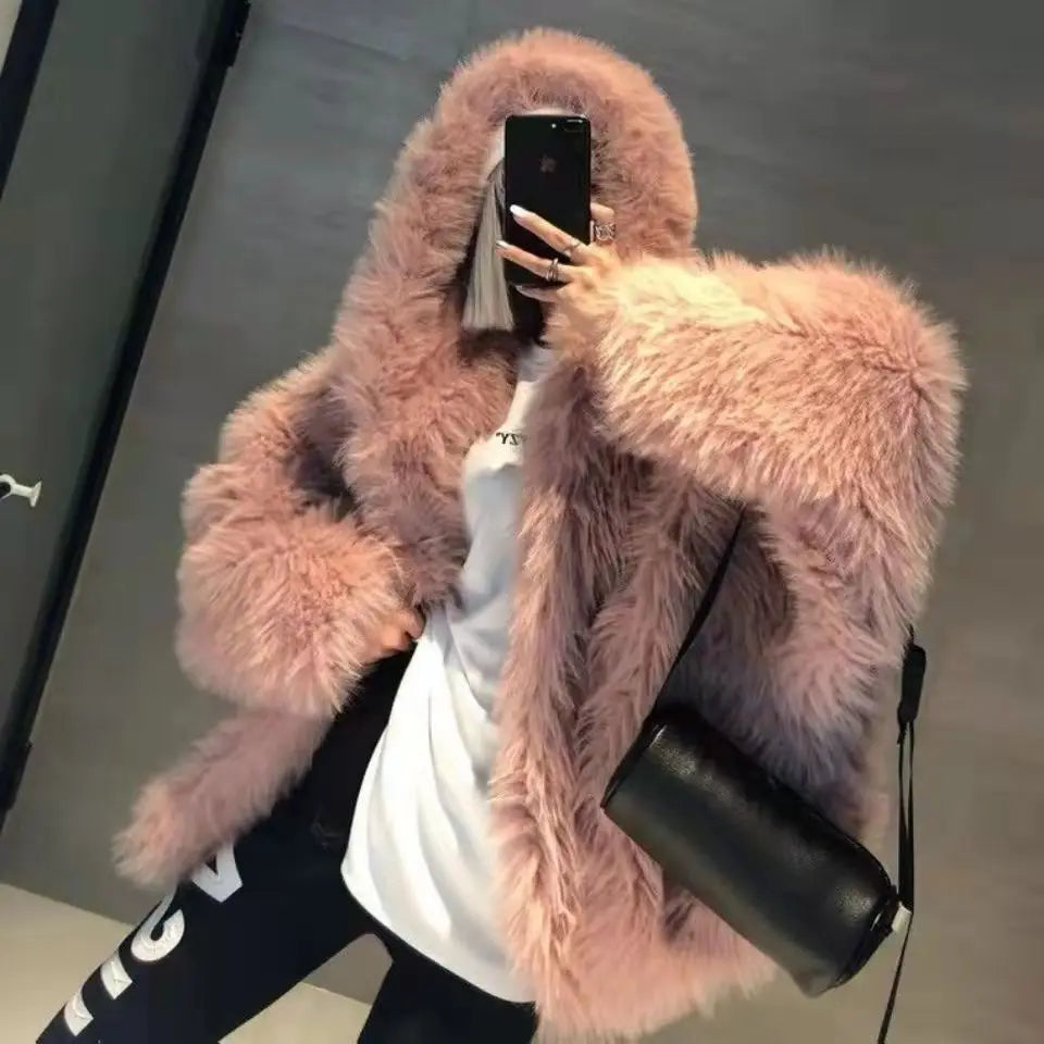 Plush Jacket Women Winter Outwear Hooded Coat Woman Loose Faux Fur Jacket Women-Dollar Bargains Online Shopping Australia