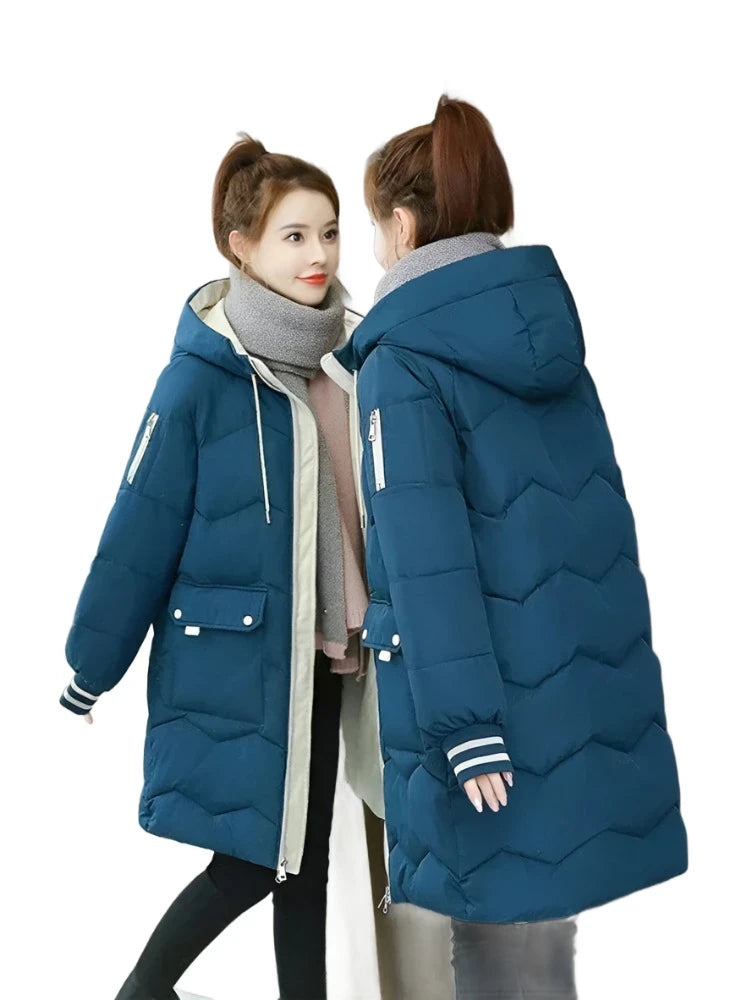 Women Jackets Coats Casual Long Parka Cotton Turtleneck Hooded Cuffs Closing Jackets Wind-proof Travelling Coats