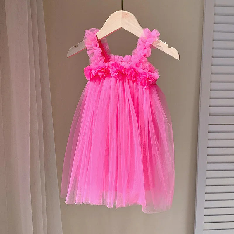 Kids Girl Dress 3D Flower Sling Sweet Beauty Children's Mesh Solid Color Baby Girls Beach Princess Fluffy Skirt-Dollar Bargains Online Shopping Australia