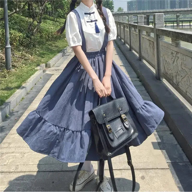 Women Skirt Preppy Style Strap Long Skirt Ruffles Loose Cute Student Casual Skirt Female Skirts