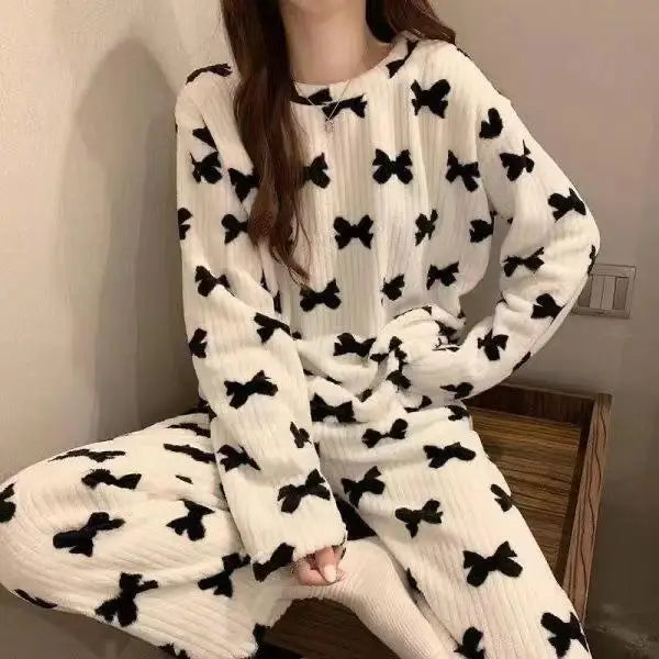 Winter Warm Flannel Fleecing Women Pyjamas Sets Thick Coral Velvet Long Sleeve Cartoon Sleepwear 2pcs Flannel Pajamas Set-Dollar Bargains Online Shopping Australia