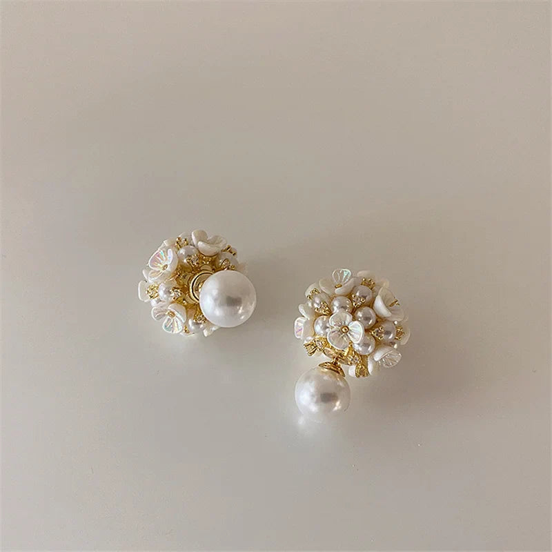 White Shell Flower Pearl Stud Earrings For Women Ball Double Side Elegant Earrings set Exquisite Vintage Fashion Jewelry-Dollar Bargains Online Shopping Australia