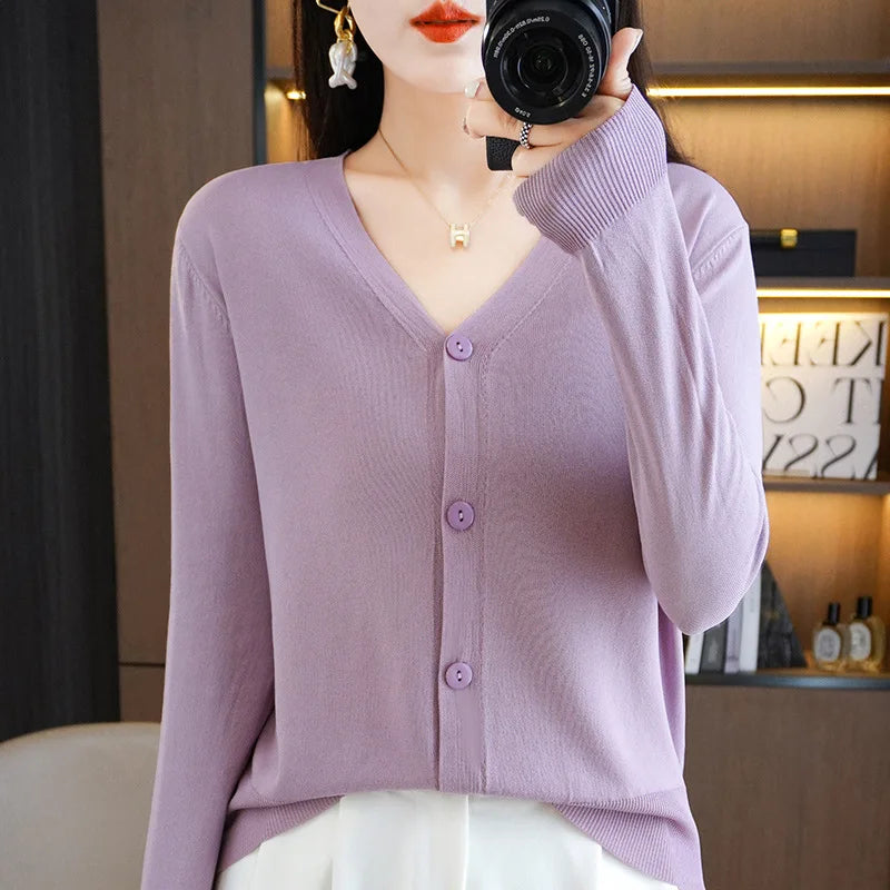Thin Solid V-Neck Ice Silk Knitted Long Sleeve Cardigan Fashion V-Neck Top for Women-Dollar Bargains Online Shopping Australia