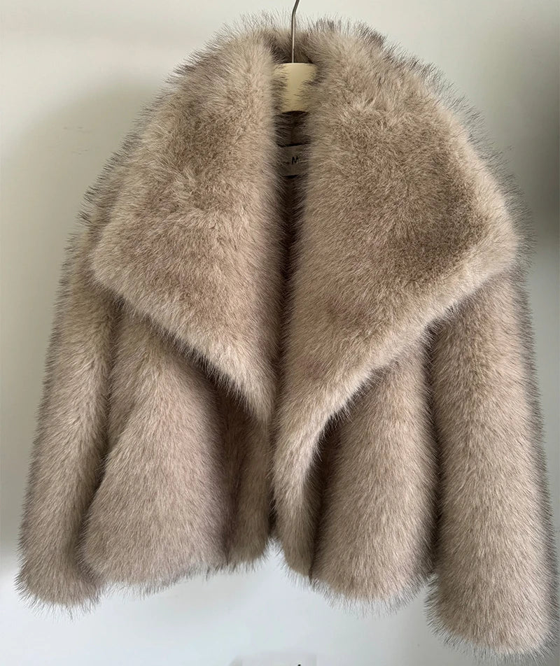 Gradient Fluffy Fur Coat Women High Street Luxury Big Faux Fur Collar Jacket Female Overcoats