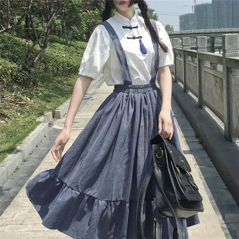 Women Skirt Preppy Style Strap Long Skirt Ruffles Loose Cute Student Casual Skirt Female Skirts