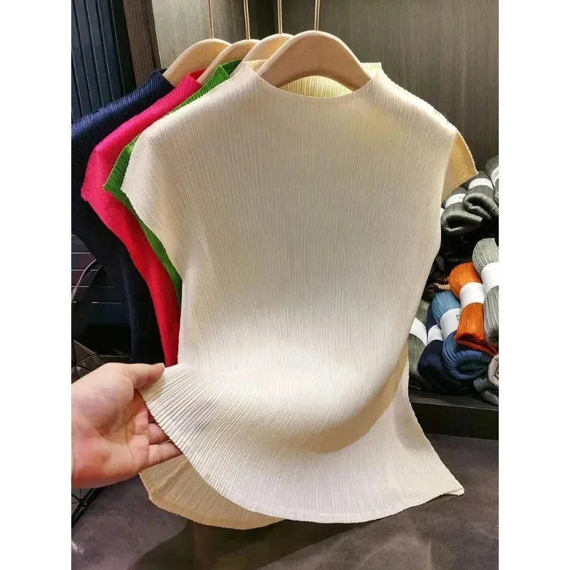 Versatile Classic Simple Solid Color Stand Up Collar Pleated Top Women Slim Slim Short Sleeve Miyake T-shirt Summer-Dollar Bargains Online Shopping Australia