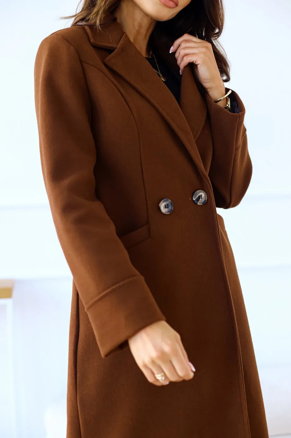 simple long-sleeved lapel double-breasted woolen coat for women