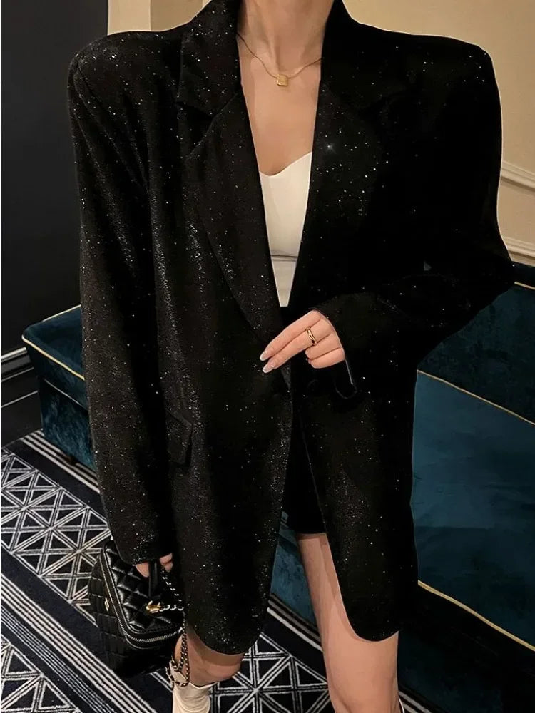Sequin Glitter Lapel Suit Outwear For Women Luxury Long Sleeve Fashion Pocket Elegant Sparkle Coat Women's Suit Outwear-Dollar Bargains Online Shopping Australia
