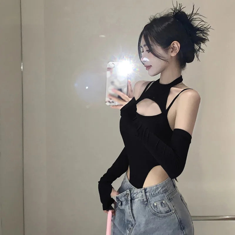 Hollow Out Women Bodysuits Top Long Sleeves Sexy Slim Shirt Body Tops Jumpsuit Y2k Lady Skinny O-neck Body Tops Romper-Dollar Bargains Online Shopping Australia