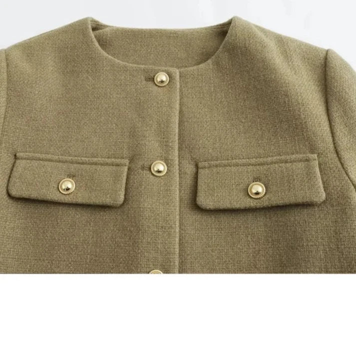 Flap Pocket Crop Jacket Women Vintage O Neck Long Sleeve Versatile Female Blazer-Dollar Bargains Online Shopping Australia