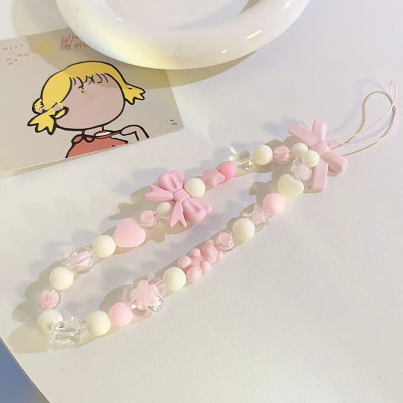 Simple Pink Bear Heart Strawberry Bowknot Flower Acrylic Imitation Pearl Beaded Phone Chain for Women Girls Sweet Accessories-Dollar Bargains Online Shopping Australia