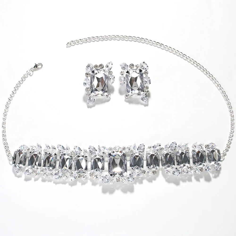 Bride Crystal Necklace Earrings Set Bridesmaid Wedding Jewellry Two Pieces Choker Necklace Prom Costume Jewelry Sets-Dollar Bargains Online Shopping Australia