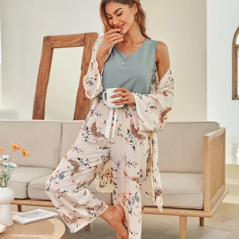 Women Pajamas Set Viscose Floral Printed Female Pyjama Loose Sleepwear Nightwear Spring Summer Lounge Wear