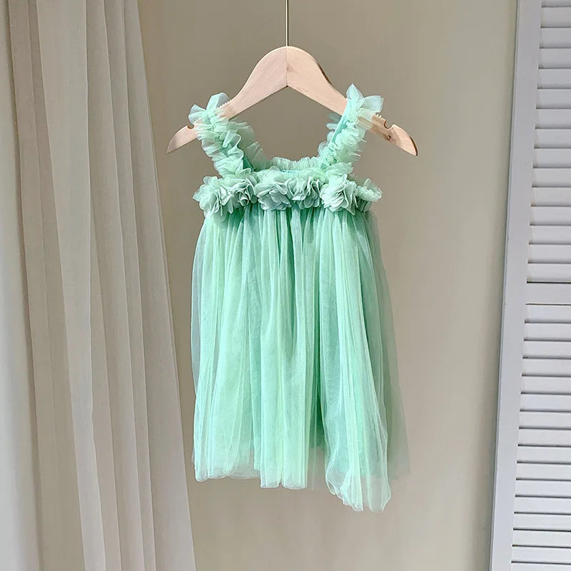 Kids Girl Dress 3D Flower Sling Sweet Beauty Children's Mesh Solid Color Baby Girls Beach Princess Fluffy Skirt-Dollar Bargains Online Shopping Australia