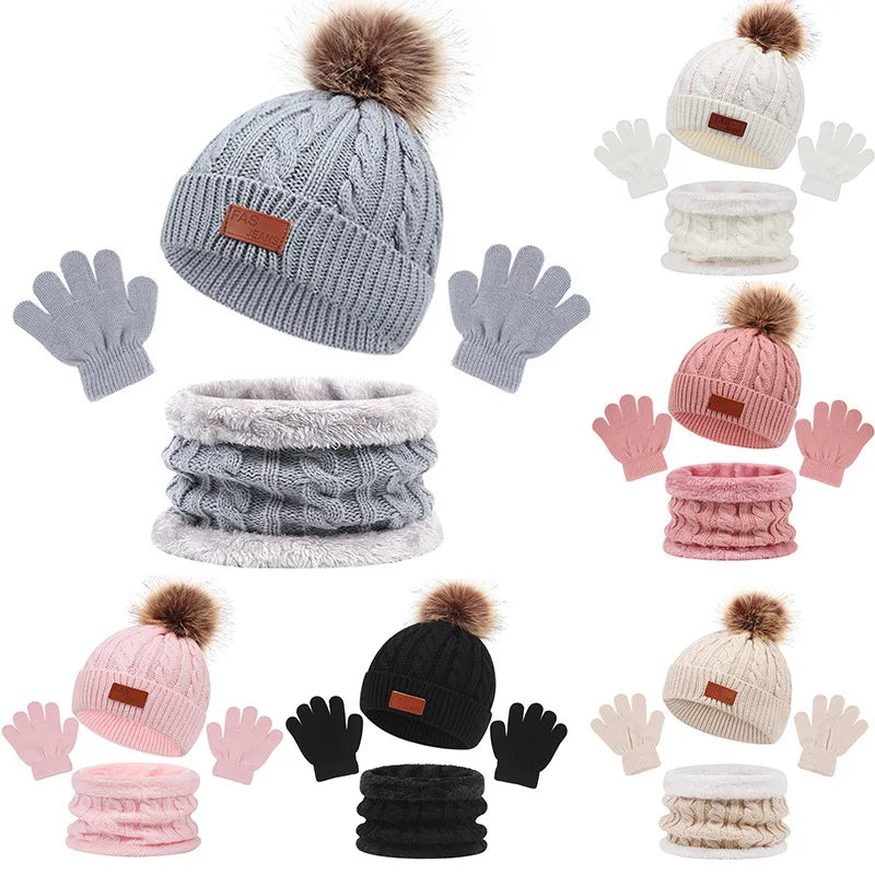 Children Winter Warm Suits Knitted Hat Scarf and Gloves Set For Girls Boy Pompoms Baby Beanies Cap Christmas Gifts For Kids 1-5y-Dollar Bargains Online Shopping Australia
