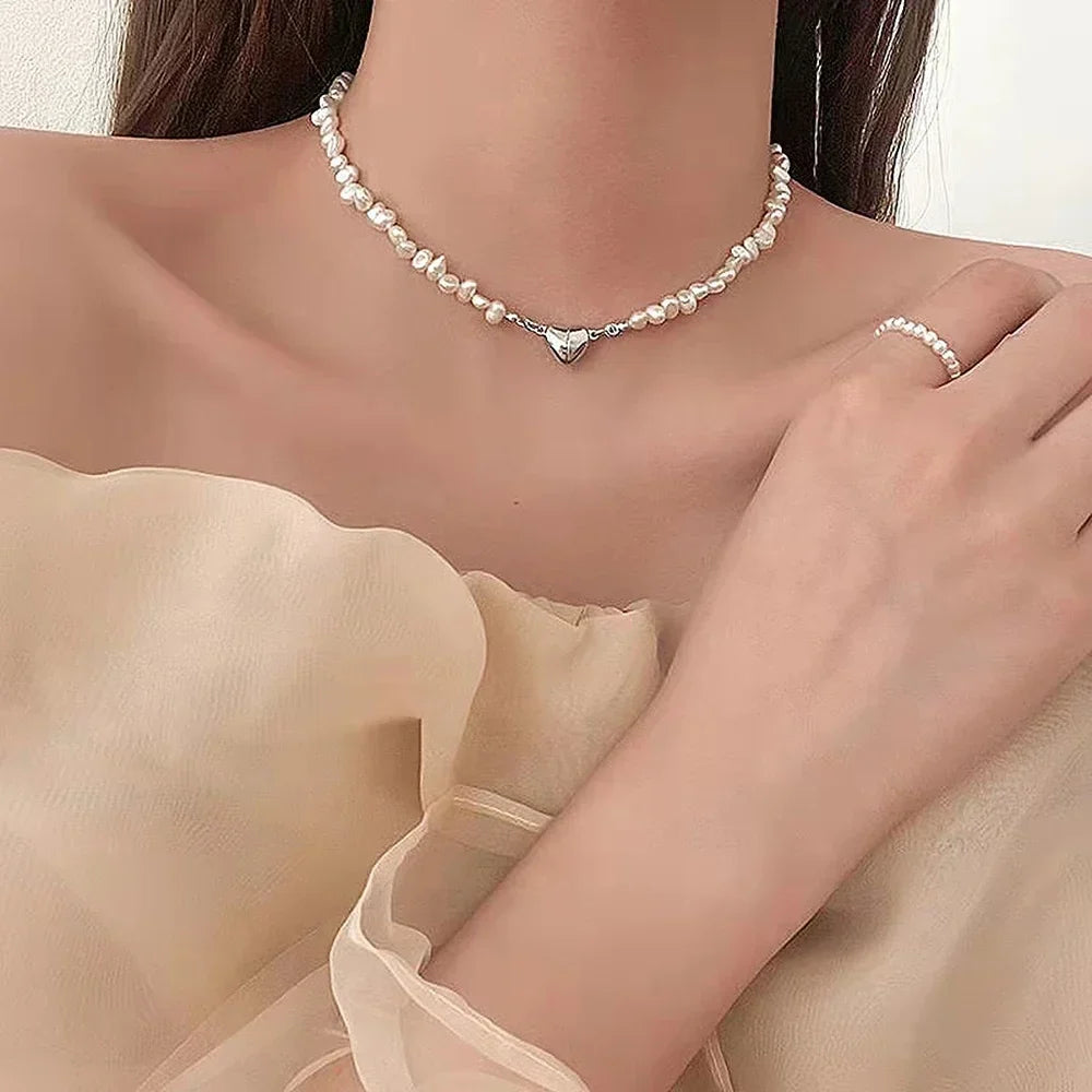 Pearl Chain Choker Necklace Magnetic Heart Pendant Women Girls Jewelry Bridal Engagement Gifts-Dollar Bargains Online Shopping Australia