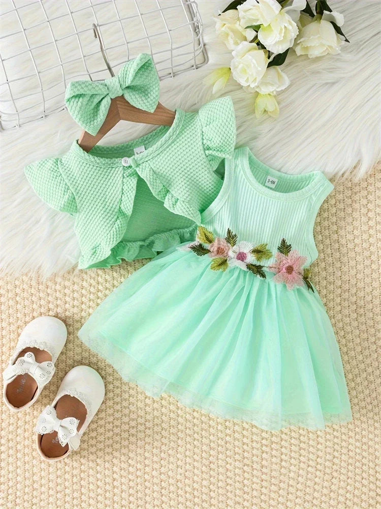 Baby Girls Dress Summer Waist Flower Vest Sleeveless Short Top Sweet Girl Lace Mesh Dress-Dollar Bargains Online Shopping Australia