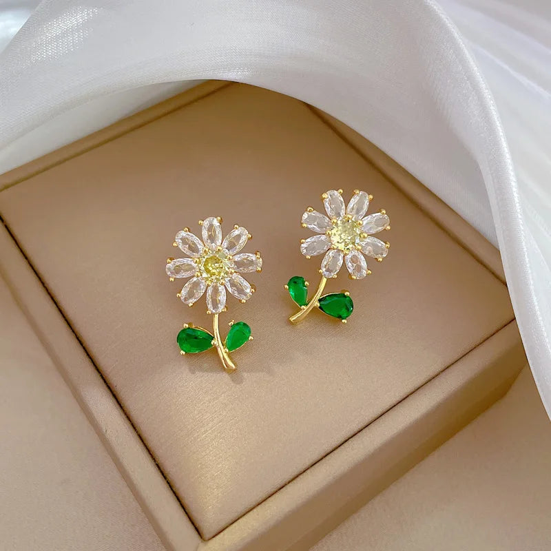 Fashionable Charming White Green Leaf Sunflower Necklace and Earrings Set Classic Retro Stainless Steel Party Wedding Jewelry-Dollar Bargains Online Shopping Australia
