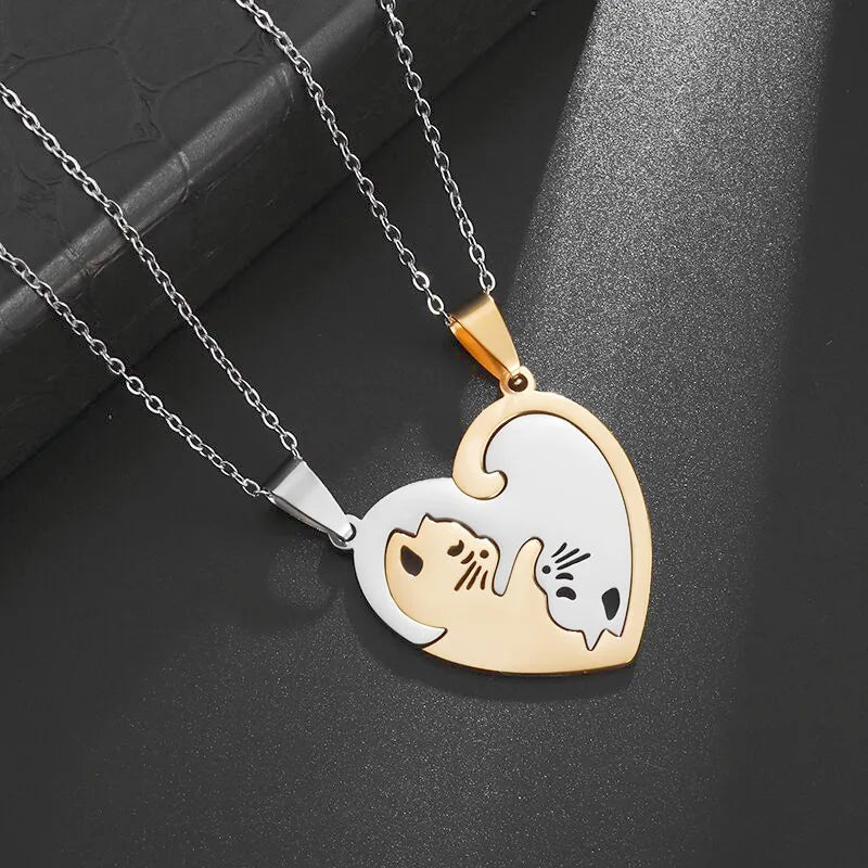 Hot Hug Love Pet Cat Pairing Couple Necklace Fashion Stainless Steel Men Women Best Friend Bff Pendant Jewelry Gift-Dollar Bargains Online Shopping Australia