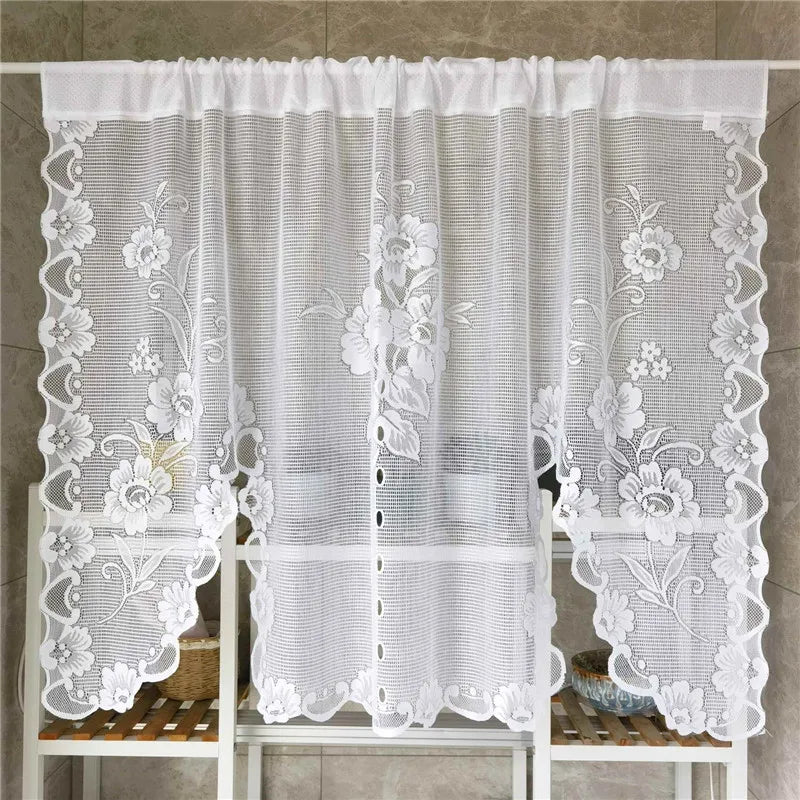 American Pastoral White Lace Balloon Curtain Lifting Tie-Up Roman Tulle Curtain Valance For Room Kitchen Door Partition Decor